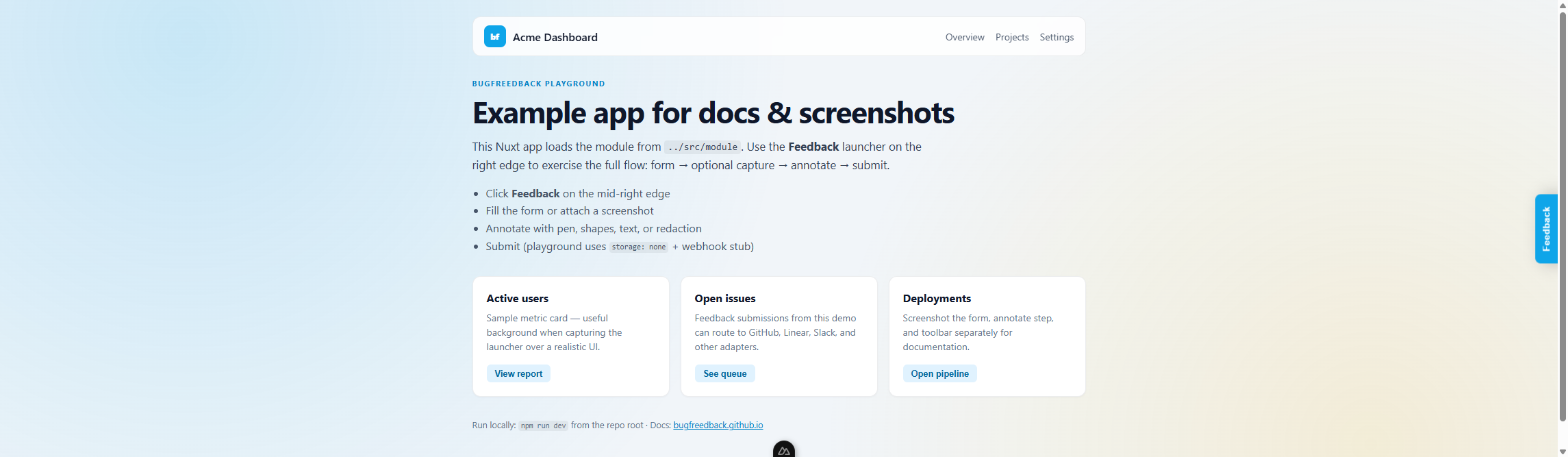 Feedback launcher on the demo app